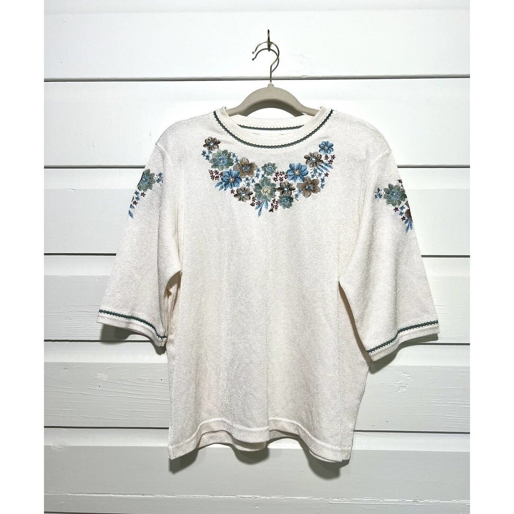 VINTAGE Bon Worth Women's Floral Embroidered White Short Sleeve Top Size Large